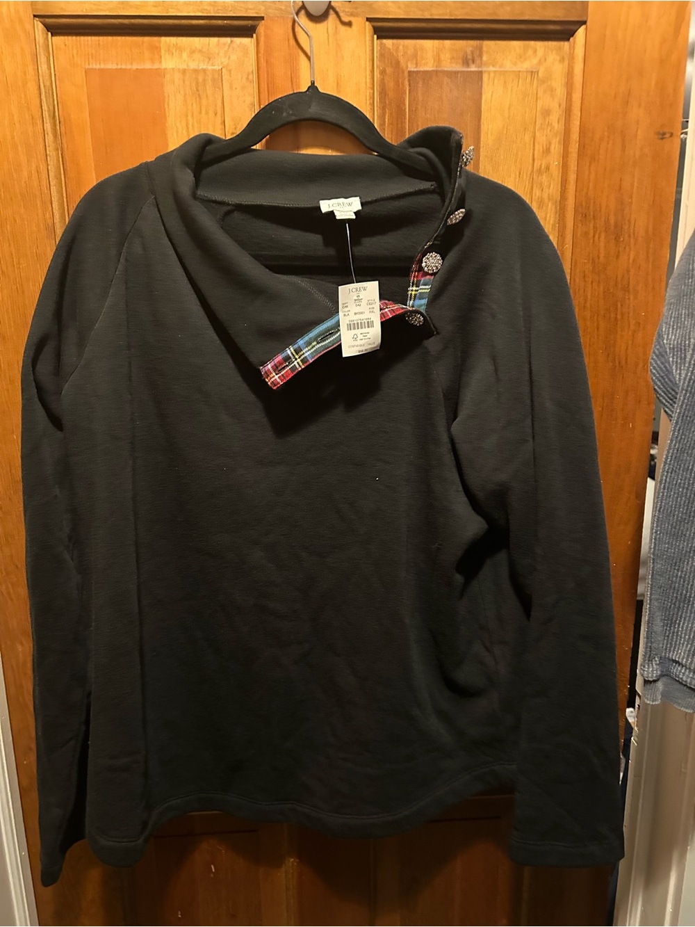 J. Crew Black Pullover with Plaid Collar Accents